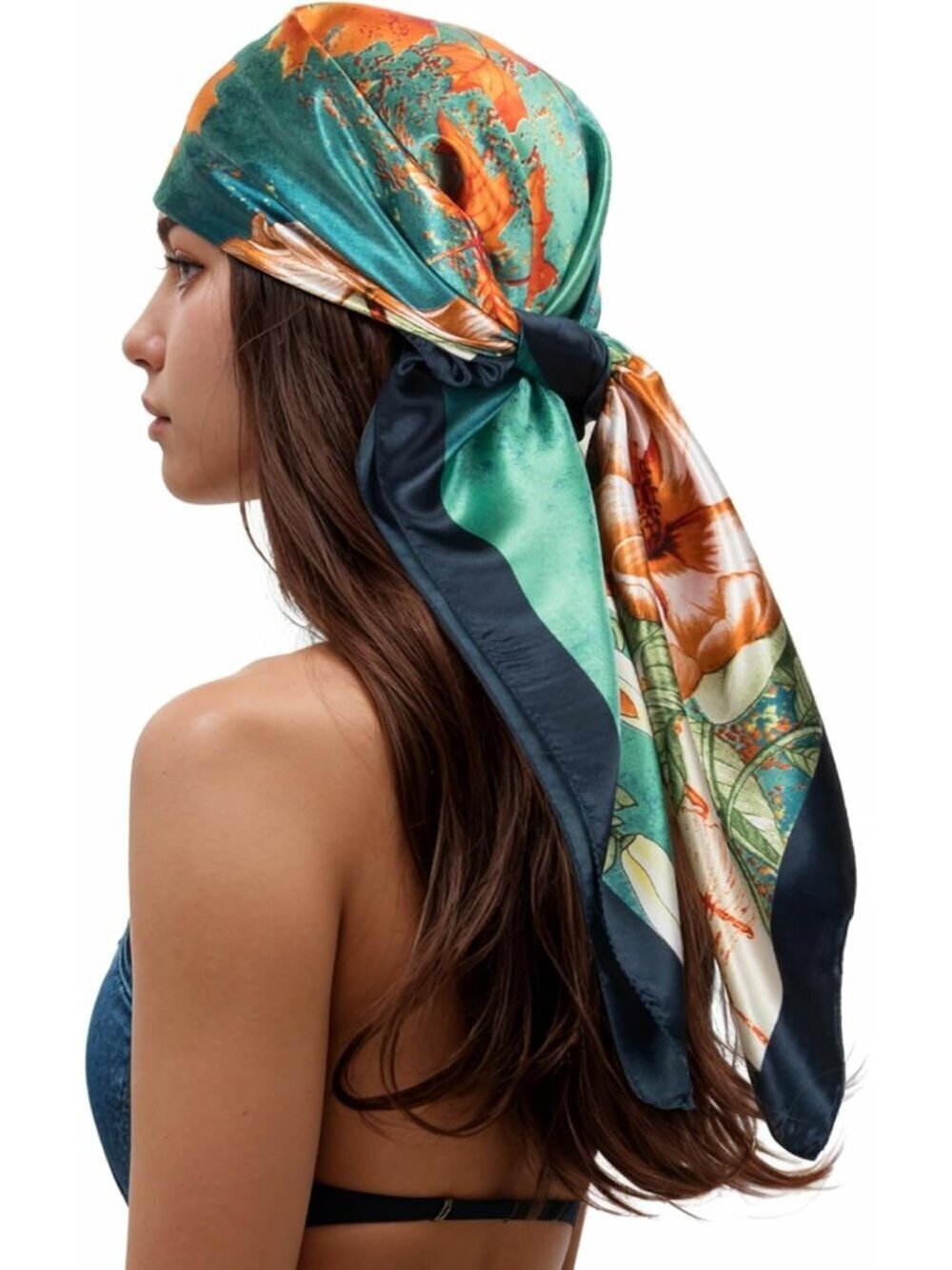 Women's Navy Orange Printed Square Scarf Bandanas Hair Scarf 35 Inches